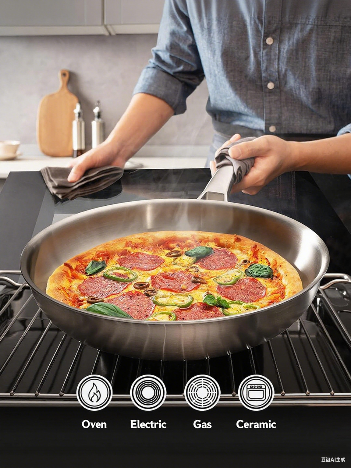 Tri-Ply Stainless Steel Frying Pan with LID,PFOA&PTFE Free Skillets,Chef's Pans,Dishwasher and Oven Safe Cookware, Works on Induction,Ceramic and Gas Cooktops