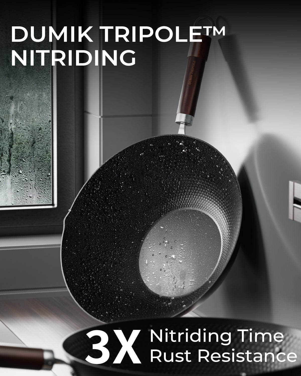 Carbon Steel Wok Pan, Tripole Nitrided Pre-Seasoned Flat Bottom Woks & Stir-Fry Pans Nonstick, Chinese Wok with Glass Lid for All Stovetops, Gift for Chef - 11.8 Inch