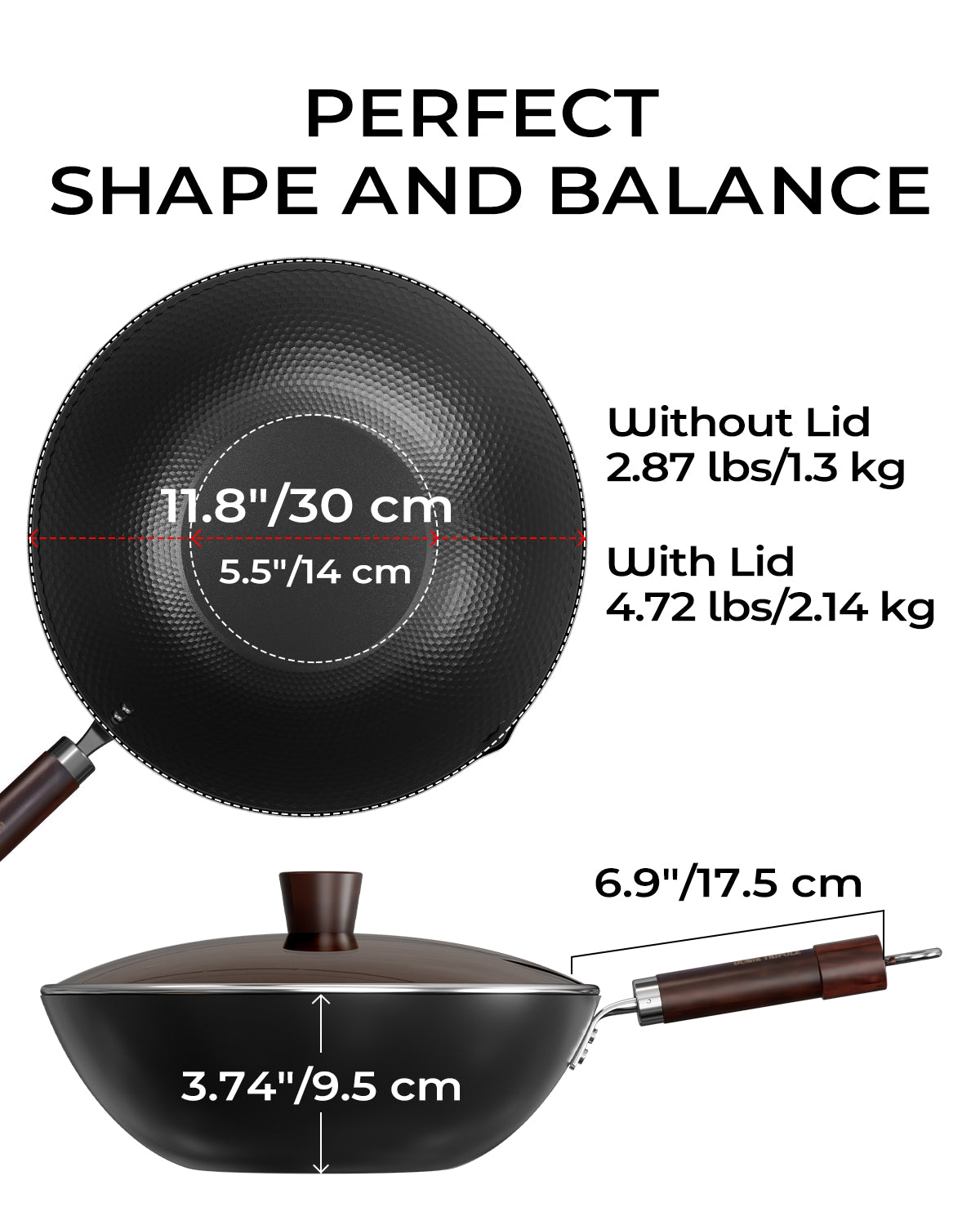 Carbon Steel Wok Pan, Tripole Nitrided Pre-Seasoned Flat Bottom Woks & Stir-Fry Pans Nonstick, Chinese Wok with Glass Lid for All Stovetops, Gift for Chef - 11.8 Inch