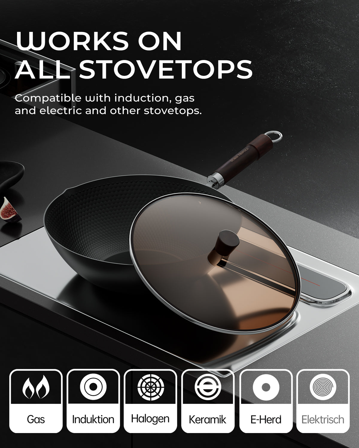 Carbon Steel Wok Pan, Tripole Nitrided Pre-Seasoned Flat Bottom Woks & Stir-Fry Pans Nonstick, Chinese Wok with Glass Lid for All Stovetops, Gift for Chef - 11.8 Inch