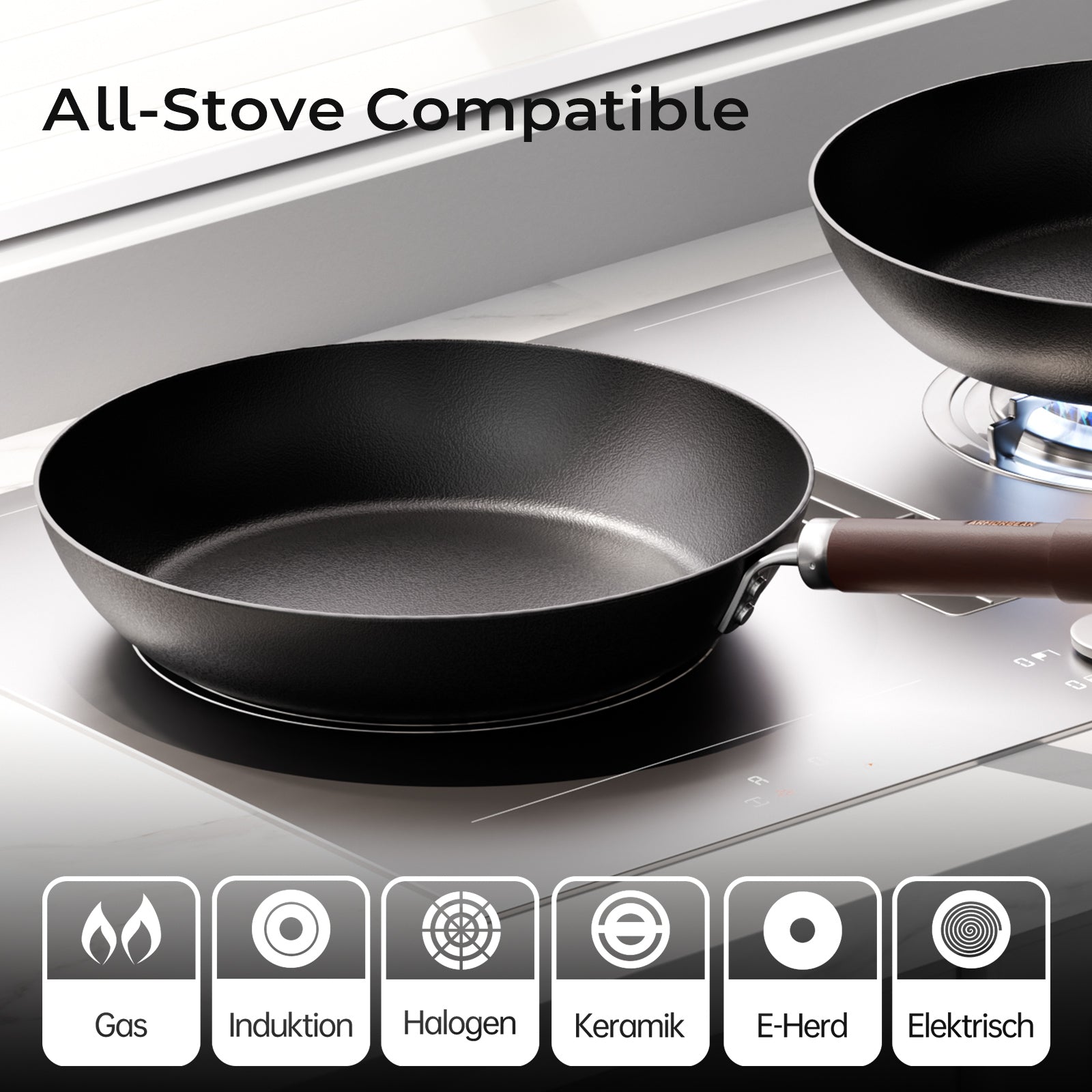 Carbon Steel Frying Pan, Pre-Seasoned 11-Inch Cooking Skillet Wooden Handle, PFAS & PFOA-Free, Nitrided Black Fry Pan for Kitchen, Camping, Chef Use