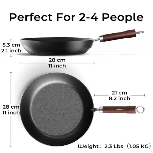 Carbon Steel Frying Pan, Pre-Seasoned 11-Inch Cooking Skillet Wooden Handle, PFAS & PFOA-Free, Nitrided Black Fry Pan for Kitchen, Camping, Chef Use