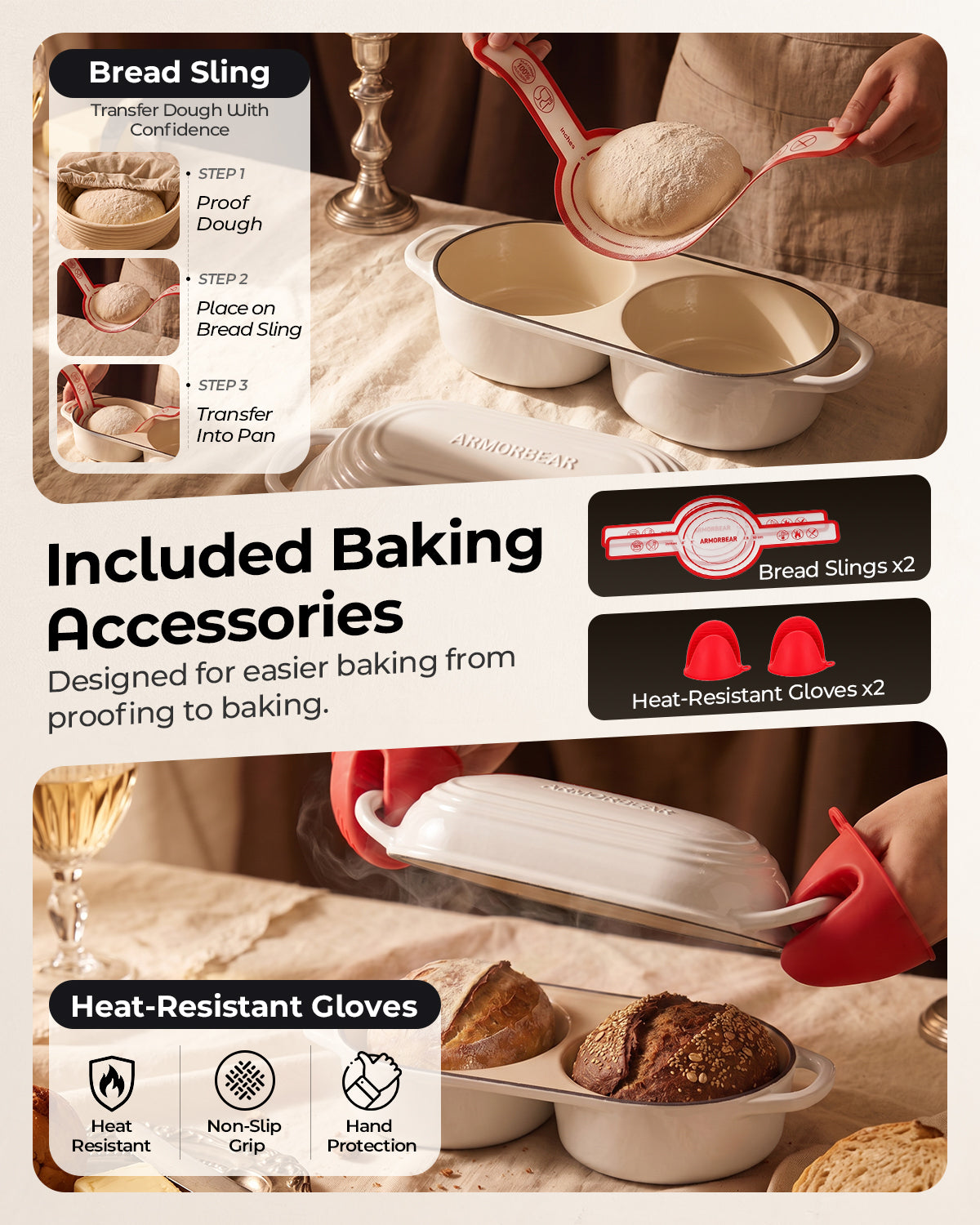 Mini Double Dutch Oven for Sourdough, Enameled Cast Iron Bread Pan, White| Double Loaf Bread Pan with Lid, Mini Sourdough Dutch Oven for Bread Baking