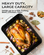 Armorbear Turkey Roasting Pan with Rack Ceramic Non stick Carbon Steel Roaster 16x11 Inch, Dishwasher Safe, Deep Baking Broiler Pan for Oven Chicken, Bacon, Black