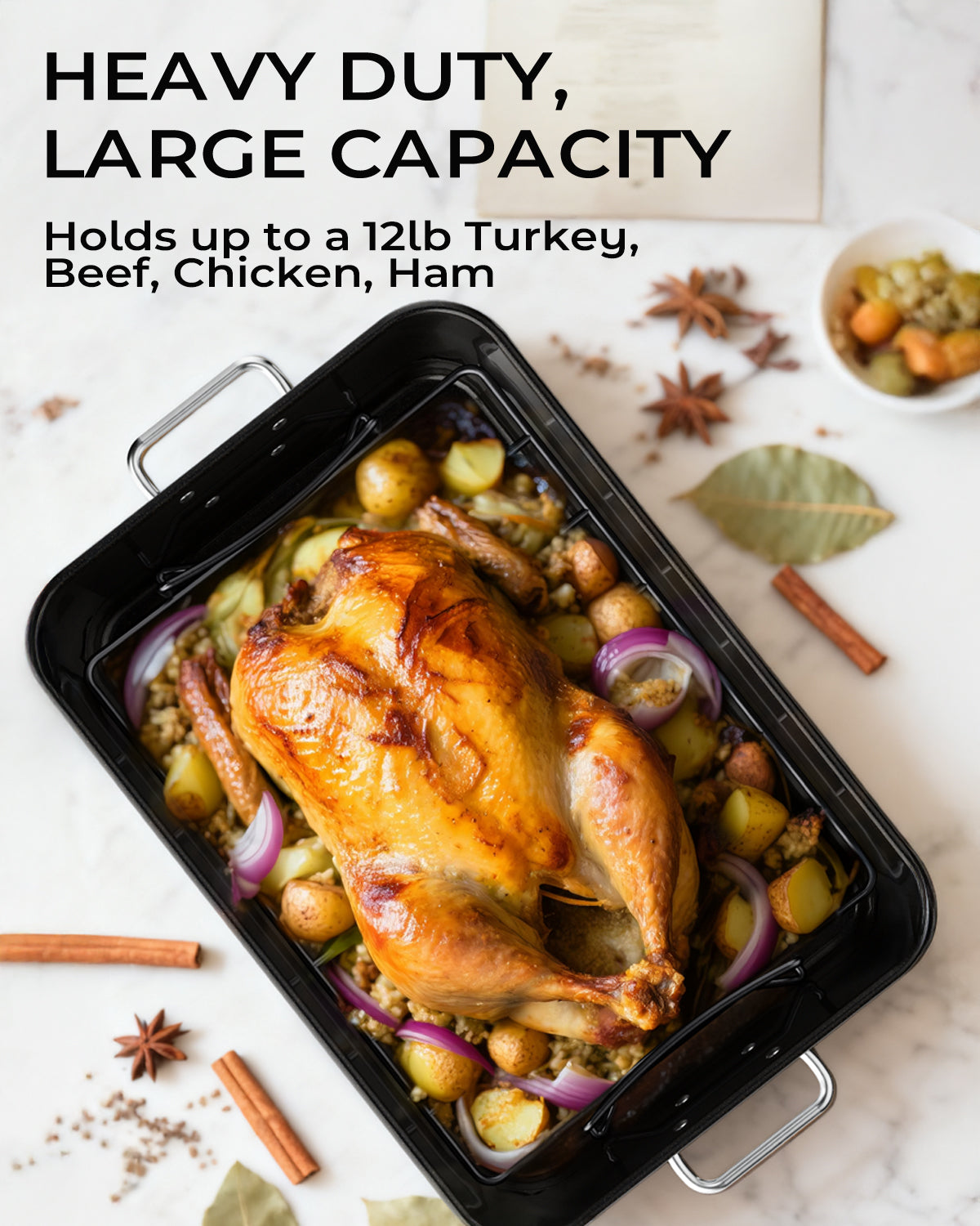 Armorbear Turkey Roasting Pan with Rack Ceramic Non stick Carbon Steel Roaster 16x11 Inch, Dishwasher Safe, Deep Baking Broiler Pan for Oven Chicken, Bacon, Black