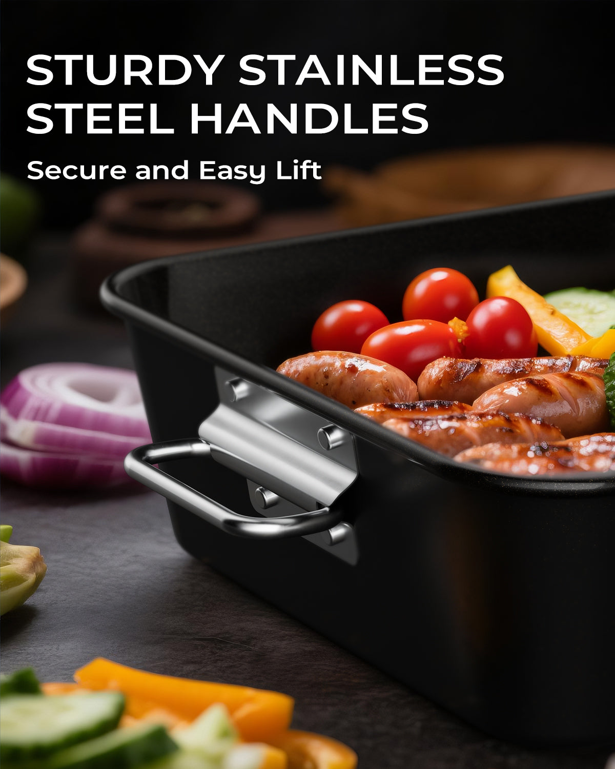 Armorbear Turkey Roasting Pan with Rack Ceramic Non stick Carbon Steel Roaster 16x11 Inch, Dishwasher Safe, Deep Baking Broiler Pan for Oven Chicken, Bacon, Black