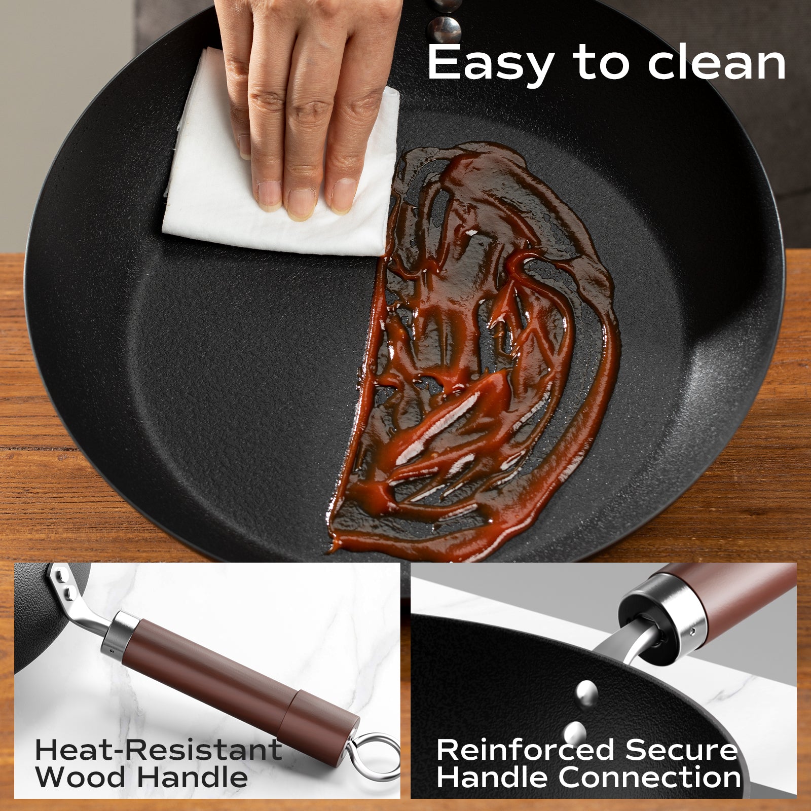 Carbon Steel Frying Pan, Pre-Seasoned 11-Inch Cooking Skillet Wooden Handle, PFAS & PFOA-Free, Nitrided Black Fry Pan for Kitchen, Camping, Chef Use