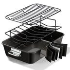 Armorbear Turkey Roasting Pan with Rack Ceramic Non stick Carbon Steel Roaster 16x11 Inch, Dishwasher Safe, Deep Baking Broiler Pan for Oven Chicken, Bacon, Black