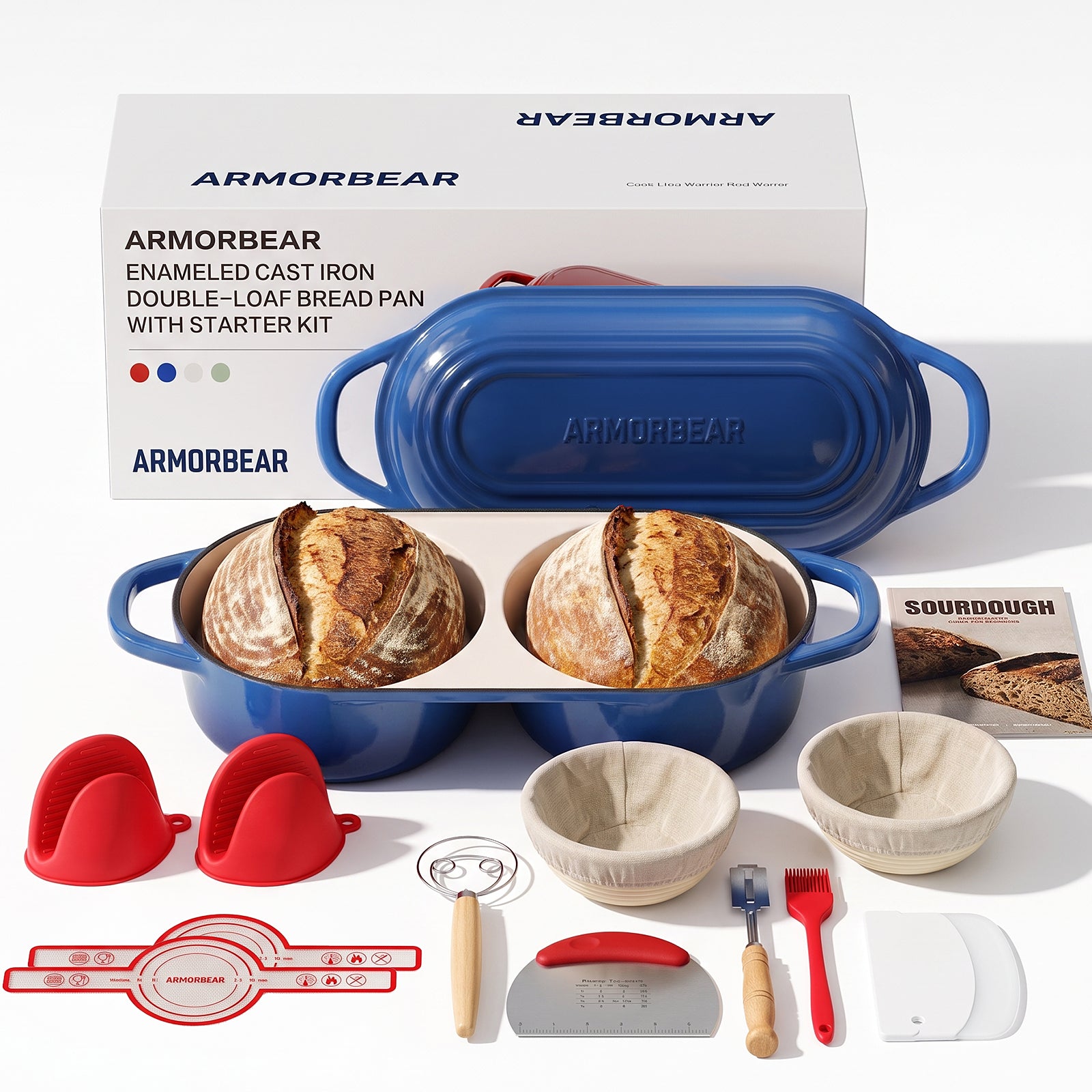 Sourdough Bread Baking Kit with Double Loaf Cast Iron Bread Pan, Blue | Bakes two mini loaves at once with banneton proofing baskets included