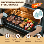 Large Carbon Steel Griddle for Gas, Grill, Bonfire, Induction Cooktop, 24'' X 10.5'' Pre-Seasoned Non-Stick Pan, with Grill Press and Silicone Anti-Heat Gloves