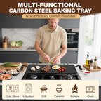 Large Carbon Steel Griddle for Gas, Grill, Bonfire, Induction Cooktop, 24'' X 10.5'' Pre-Seasoned Non-Stick Pan, with Grill Press and Silicone Anti-Heat Gloves