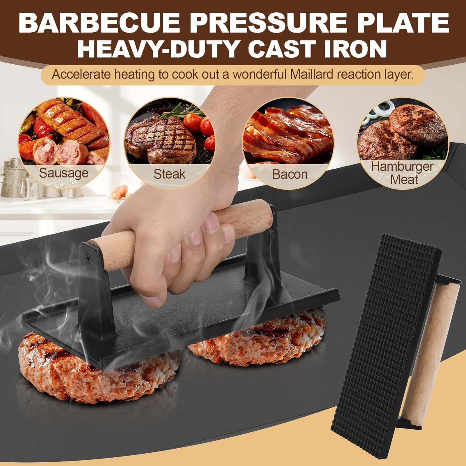 Large Carbon Steel Griddle for Gas, Grill, Bonfire, Induction Cooktop, 24'' X 10.5'' Pre-Seasoned Non-Stick Pan, with Grill Press and Silicone Anti-Heat Gloves