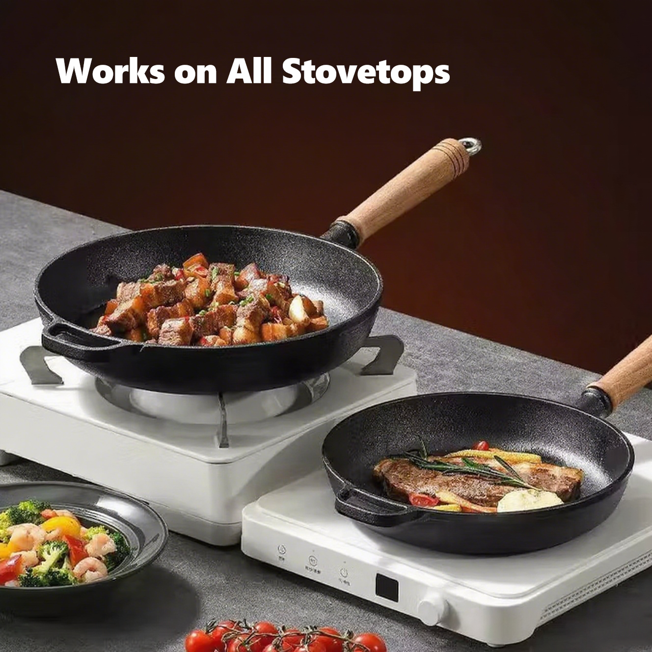 Cast Iron Skillet, Removable Wooden Handle, Pre-Seasoned Frying Pan for Stove, Oven, Grill & Campfire Cooking