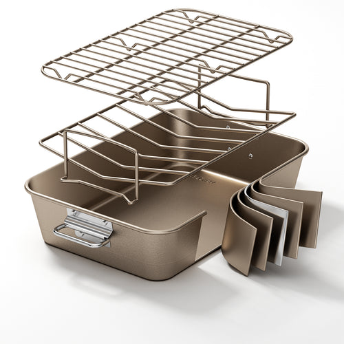 Armorbear Turkey Roasting Pan with Rack Ceramic Non stick Carbon Steel Roaster 16x11 Inch, Dishwasher Safe, Deep Baking Broiler Pan for Oven Chicken, Bacon, Black