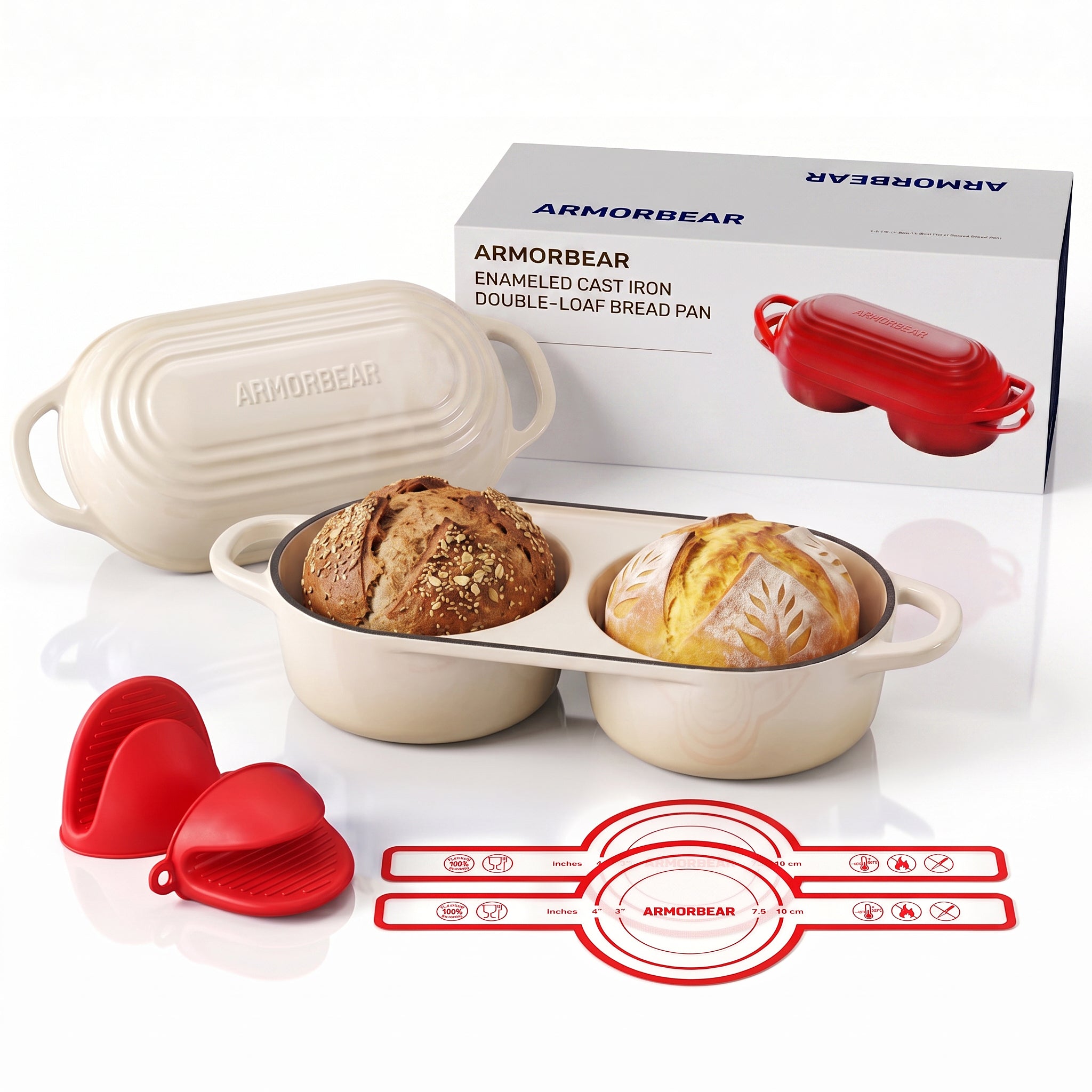 Mini Double Dutch Oven for Sourdough, Enameled Cast Iron Bread Pan, White| Double Loaf Bread Pan with Lid, Mini Sourdough Dutch Oven for Bread Baking