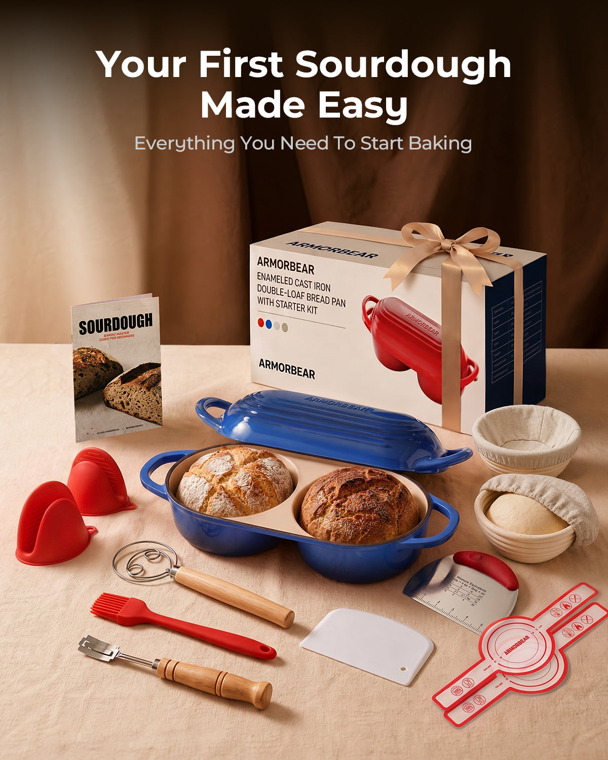 Sourdough Bread Baking Kit with Double Loaf Cast Iron Bread Pan, Blue | Bakes two mini loaves at once with banneton proofing baskets included