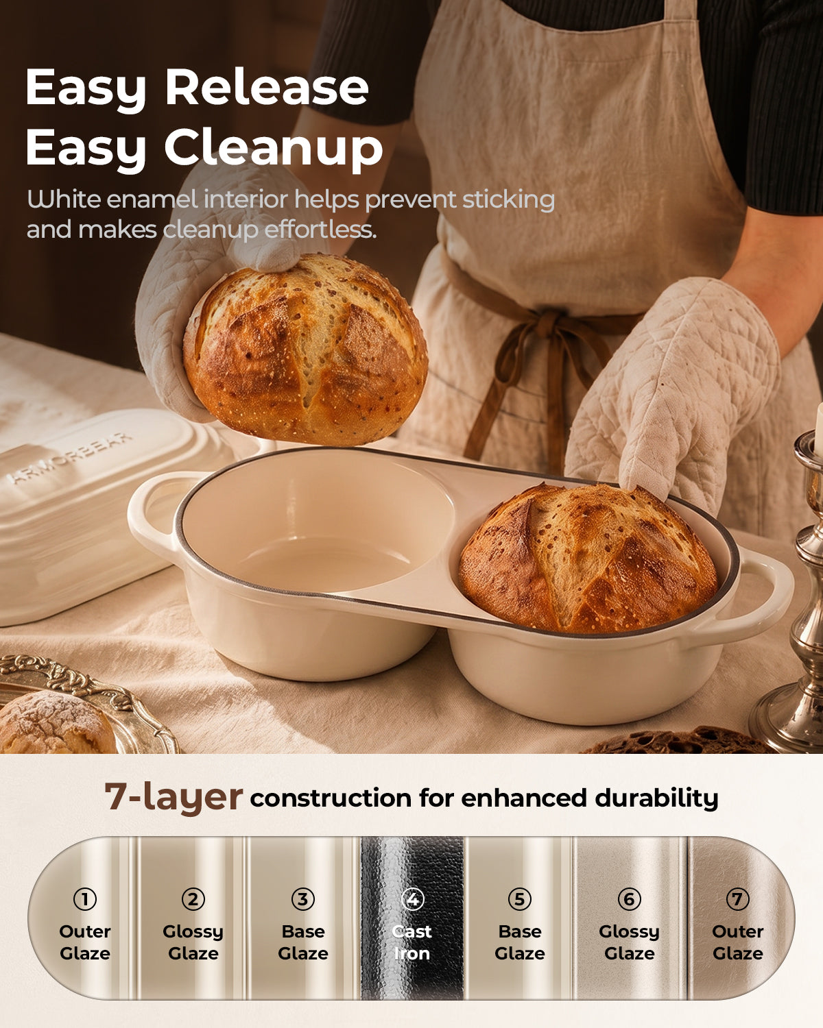 Mini Double Dutch Oven for Sourdough, Enameled Cast Iron Bread Pan, White| Double Loaf Bread Pan with Lid, Mini Sourdough Dutch Oven for Bread Baking