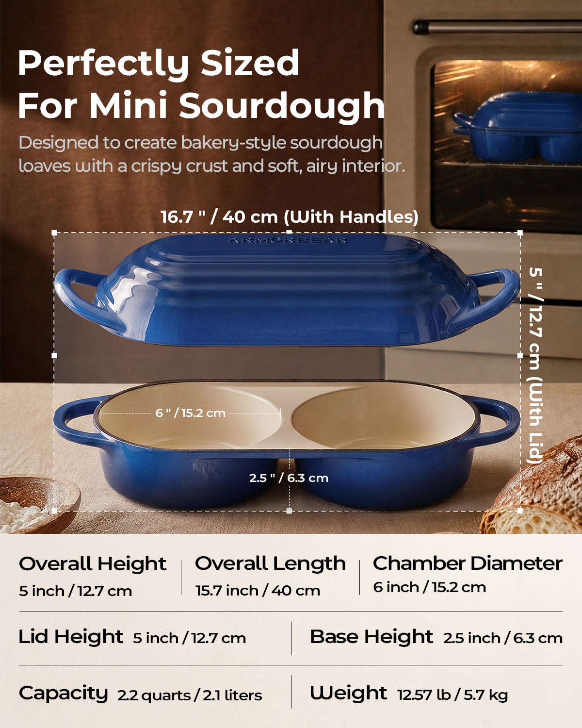 Sourdough Bread Baking Kit with Double Loaf Cast Iron Bread Pan, Blue | Bakes two mini loaves at once with banneton proofing baskets included