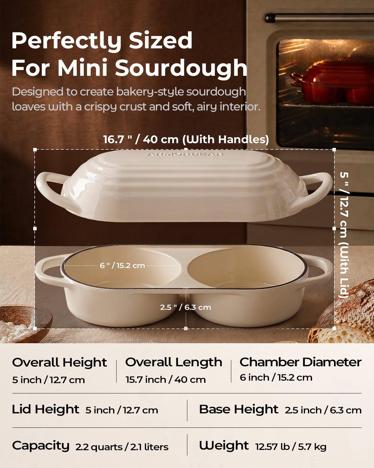 Mini Double Dutch Oven for Sourdough, Enameled Cast Iron Bread Pan, White| Double Loaf Bread Pan with Lid, Mini Sourdough Dutch Oven for Bread Baking