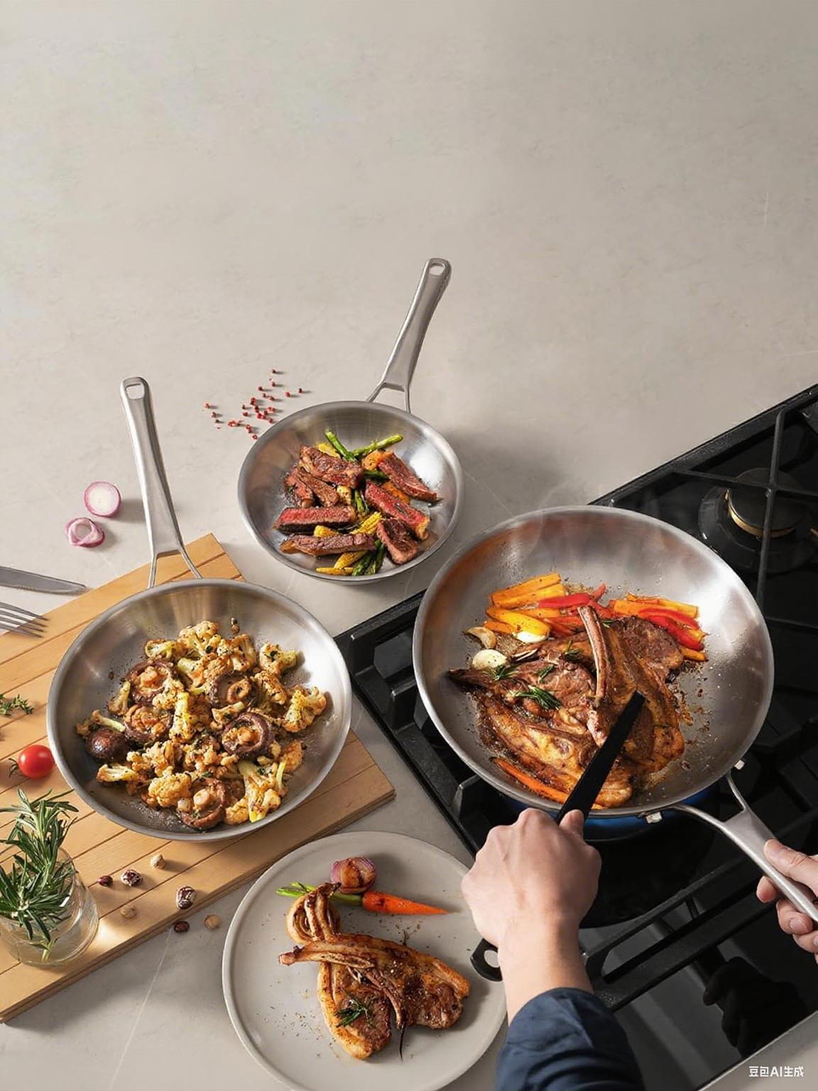 Tri-Ply Stainless Steel Frying Pan with LID,PFOA&PTFE Free Skillets,Chef's Pans,Dishwasher and Oven Safe Cookware, Works on Induction,Ceramic and Gas Cooktops