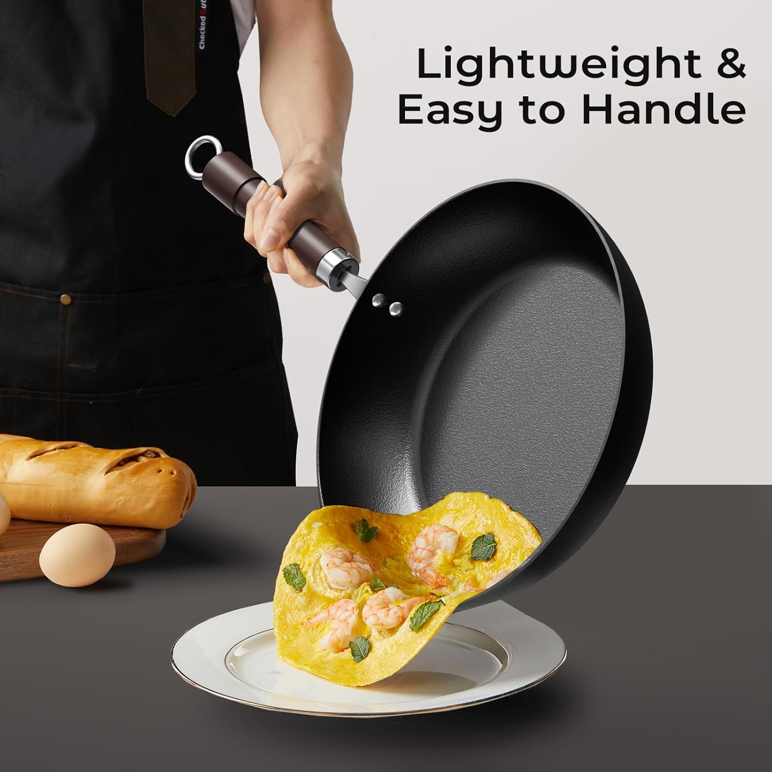 Carbon Steel Frying Pan, Pre-Seasoned 11-Inch Cooking Skillet Wooden Handle