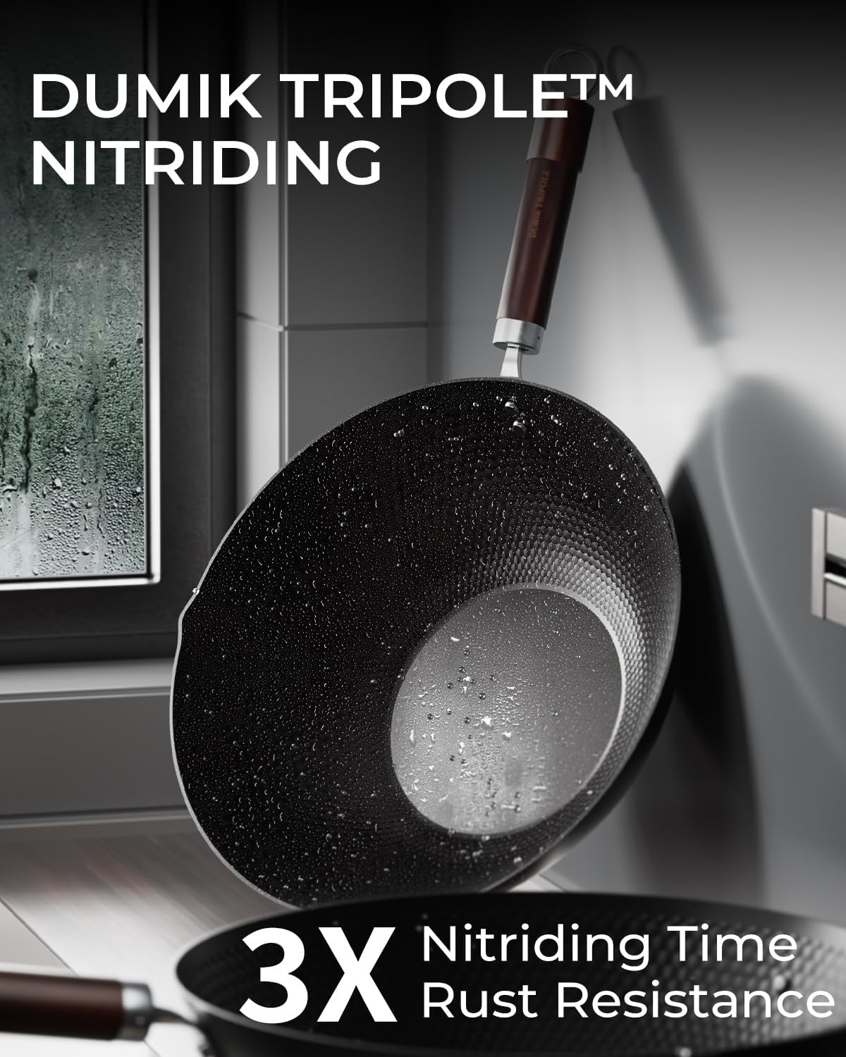 Armorbear Carbon Steel Wok Pan, Tripole Nitrided Pre-Seasoned Flat Bottom Woks