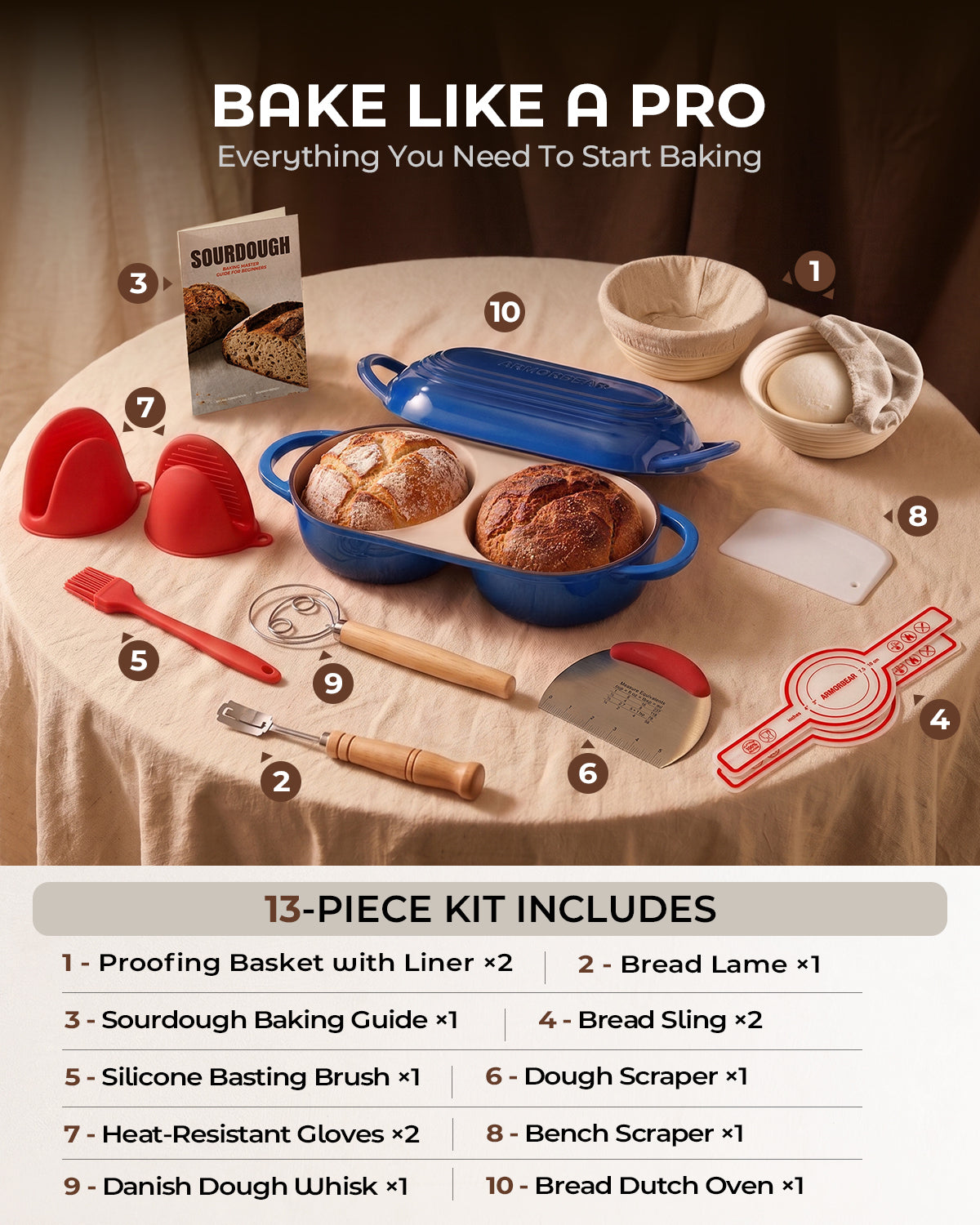 Sourdough Bread Baking Kit with Double Loaf Cast Iron Bread Pan, Blue | Bakes two mini loaves at once with banneton proofing baskets included