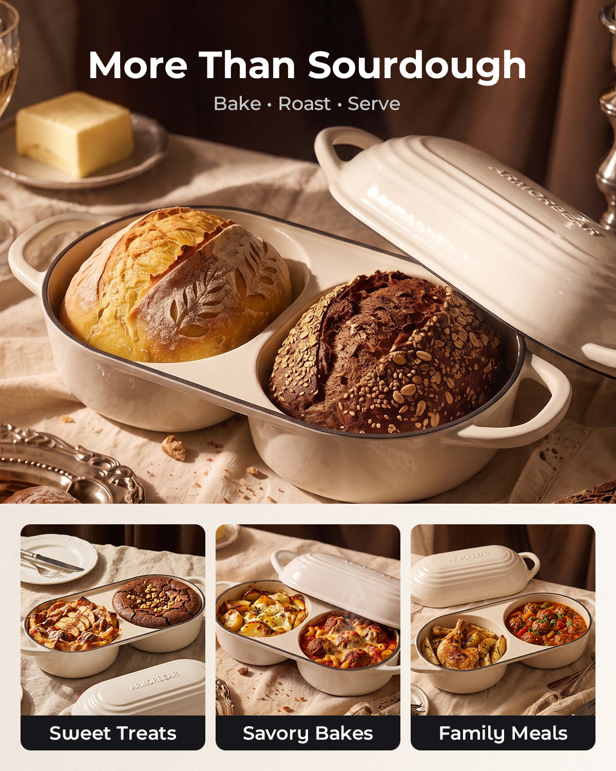 Mini Double Dutch Oven for Sourdough, Enameled Cast Iron Bread Pan, White| Double Loaf Bread Pan with Lid, Mini Sourdough Dutch Oven for Bread Baking