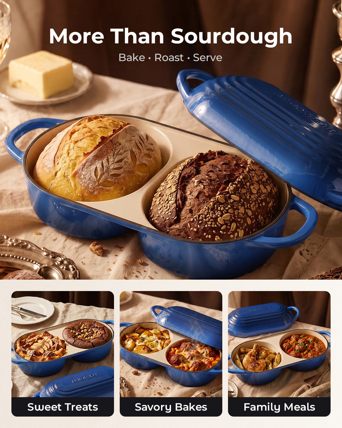 Sourdough Bread Baking Kit with Double Loaf Cast Iron Bread Pan, Blue | Bakes two mini loaves at once with banneton proofing baskets included