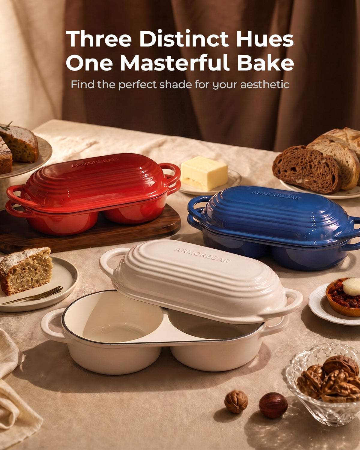 Mini Double Dutch Oven for Sourdough, Enameled Cast Iron Bread Pan, White| Double Loaf Bread Pan with Lid, Mini Sourdough Dutch Oven for Bread Baking