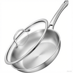 Tri-Ply Stainless Steel Frying Pan with LID,PFOA&PTFE Free Skillets,Chef's Pans,Dishwasher and Oven Safe Cookware, Works on Induction,Ceramic and Gas Cooktops