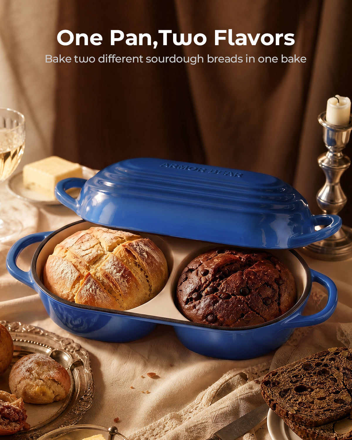 Sourdough Bread Baking Kit with Double Loaf Cast Iron Bread Pan, Blue | Bakes two mini loaves at once with banneton proofing baskets included