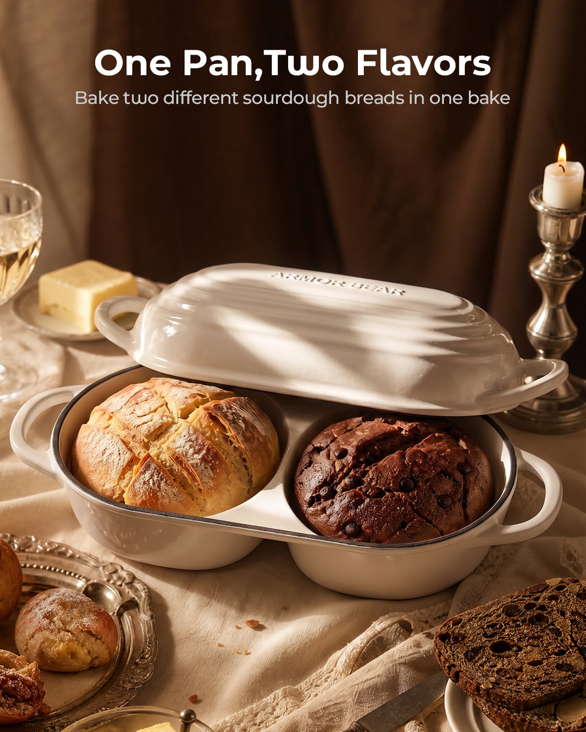 Mini Double Dutch Oven for Sourdough, Enameled Cast Iron Bread Pan, White| Double Loaf Bread Pan with Lid, Mini Sourdough Dutch Oven for Bread Baking